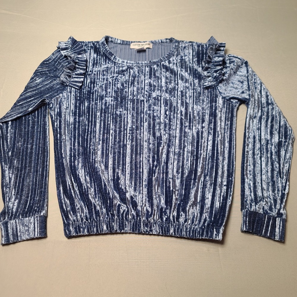 Cotton Emporium Y2K Vintage Blue Ribbed Velour Top Soft‎ Stretch Crushed Velvet